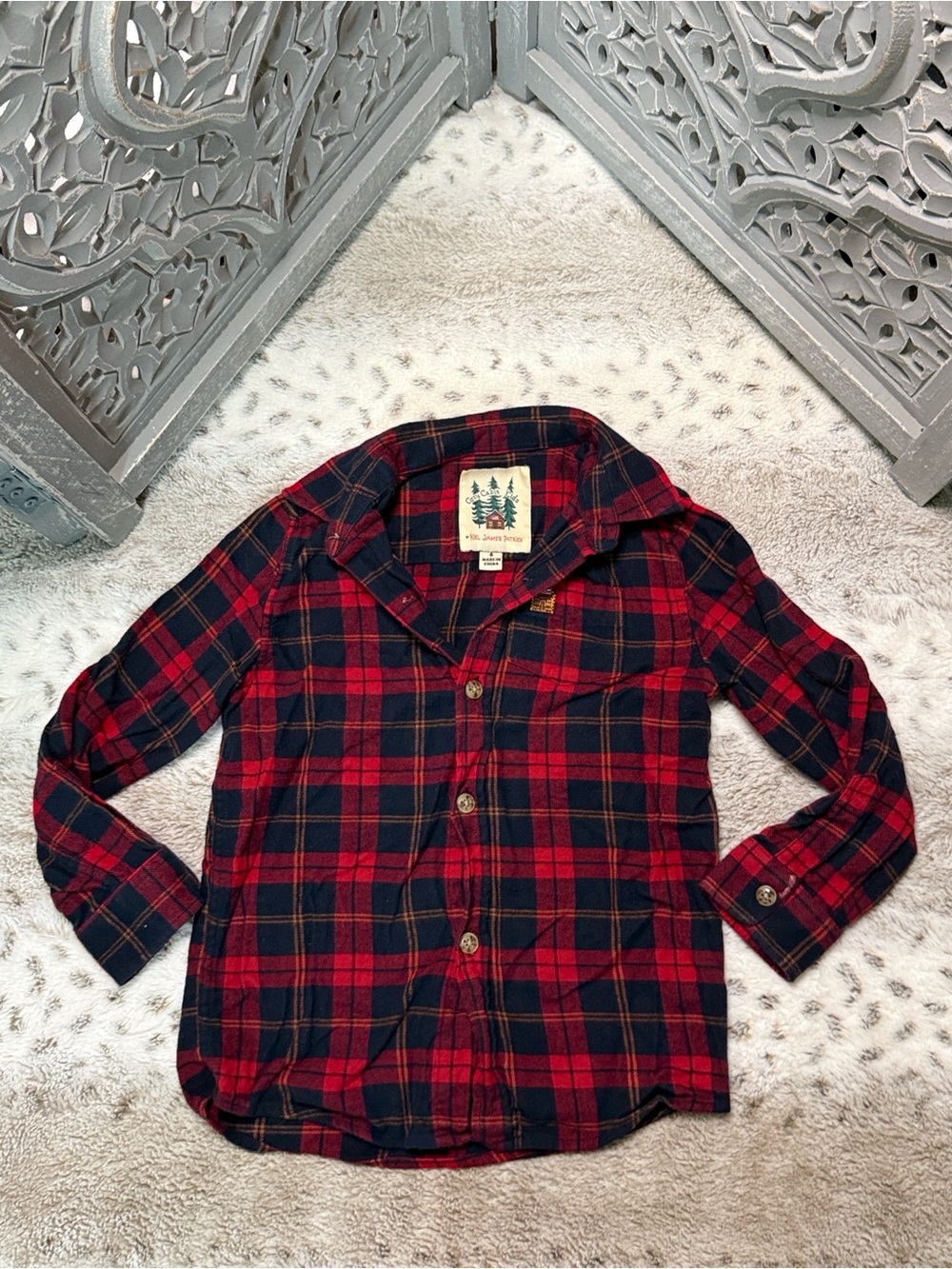 Kiel James Patrick flannel button up shirt boys size 6 red black plaid Christmas